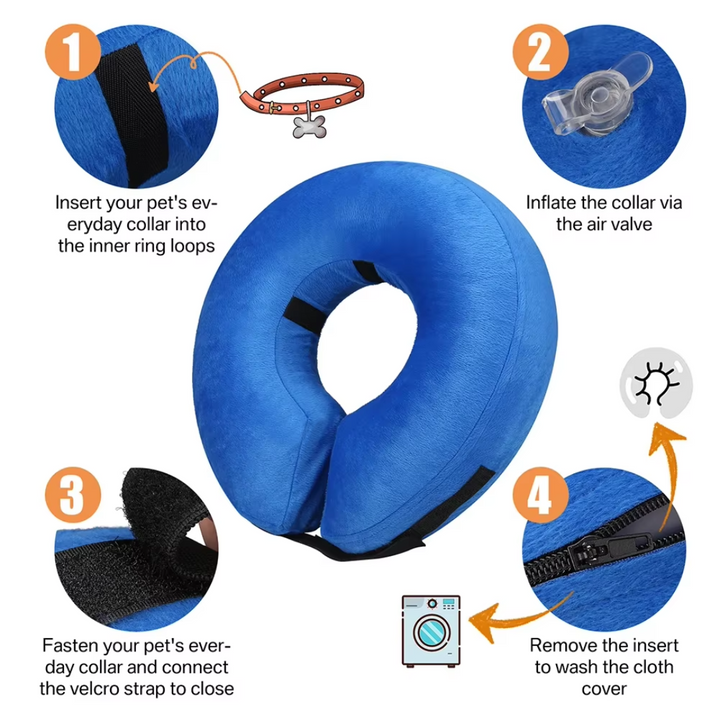 Overhead shot of soft inflatable recovery collar, perfect for post-surgery dog comfort.