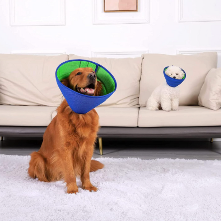 "Soft mesh pet recovery collar, adjustable and comfortable, allows unhindered vision and movement for gentle pet care."