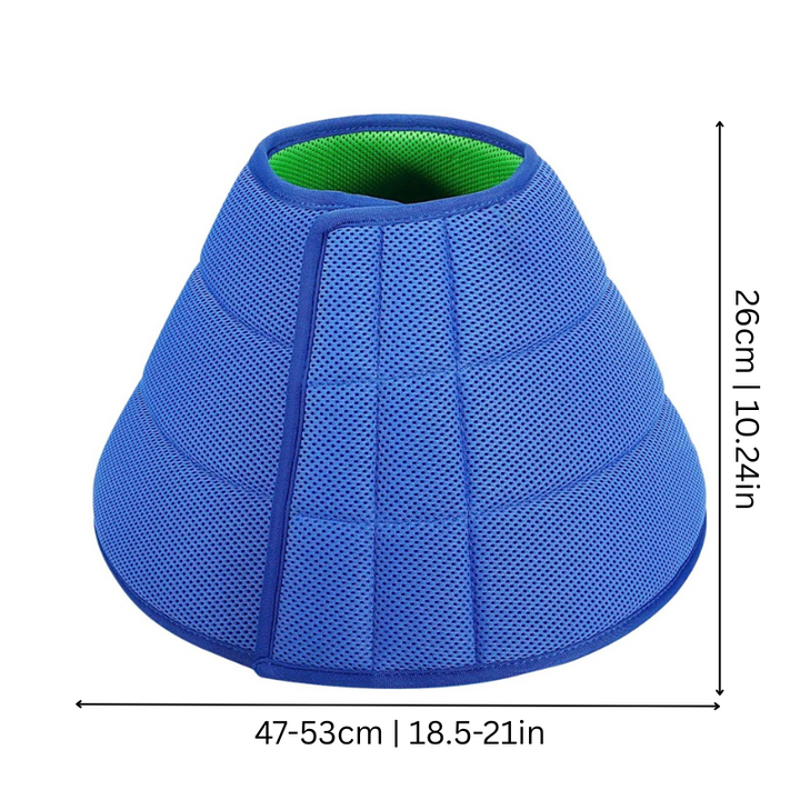 "Soft mesh pet recovery collar, adjustable and comfortable, allows unhindered vision and movement for gentle pet care."