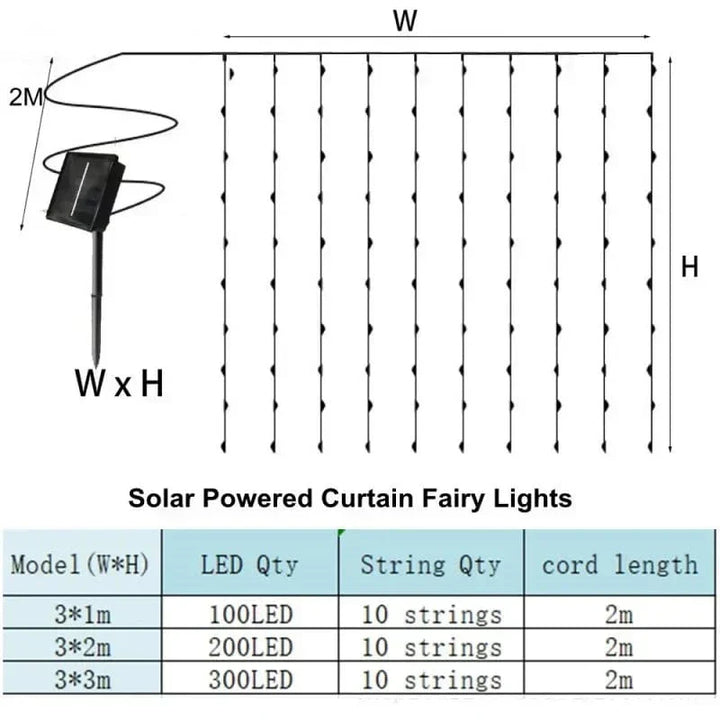 "Solar LED curtain light with copper wire, ideal for events, featuring warm white LEDs and solar power, outdoor use."