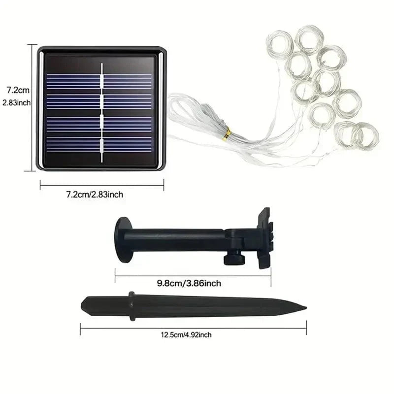 "Solar LED curtain light with copper wire, ideal for events, featuring warm white LEDs and solar power, outdoor use."