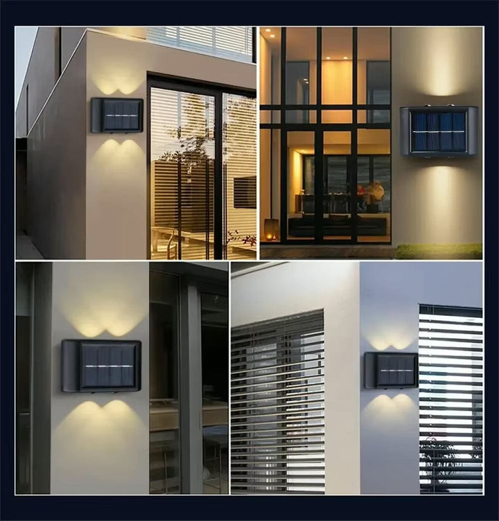 Solar LED Outdoor Wall Light, IP65 waterproof, warm white glow, durable ABS, eco-friendly for gates, doorways, patios.