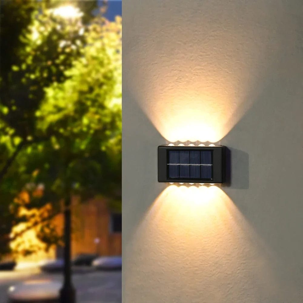 Solar LED Outdoor Wall Light, IP65 waterproof, warm white glow, durable ABS, eco-friendly for gates, doorways, patios.