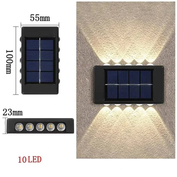 Solar LED Outdoor Wall Light, IP65 waterproof, warm white glow, durable ABS, eco-friendly for gates, doorways, patios.