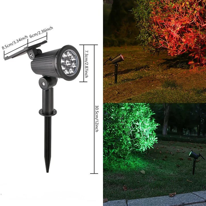 "Solar-powered LED garden spotlight with 9 color options, illuminating a pathway; eco-friendly outdoor lighting solution."