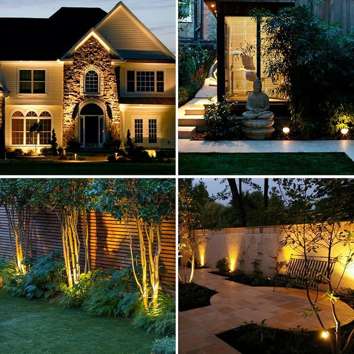 "Solar-powered LED garden spotlight with 9 color options, illuminating a pathway; eco-friendly outdoor lighting solution."