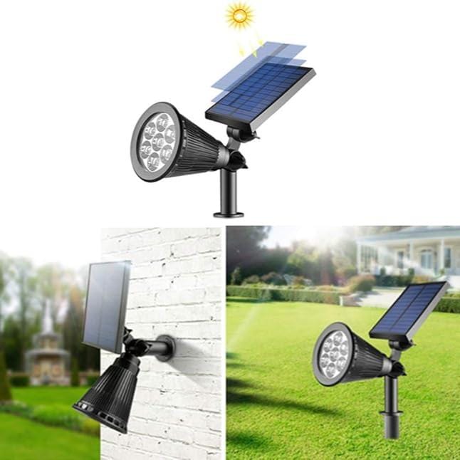 "Solar-powered LED garden spotlight with 9 color options, illuminating a pathway; eco-friendly outdoor lighting solution."