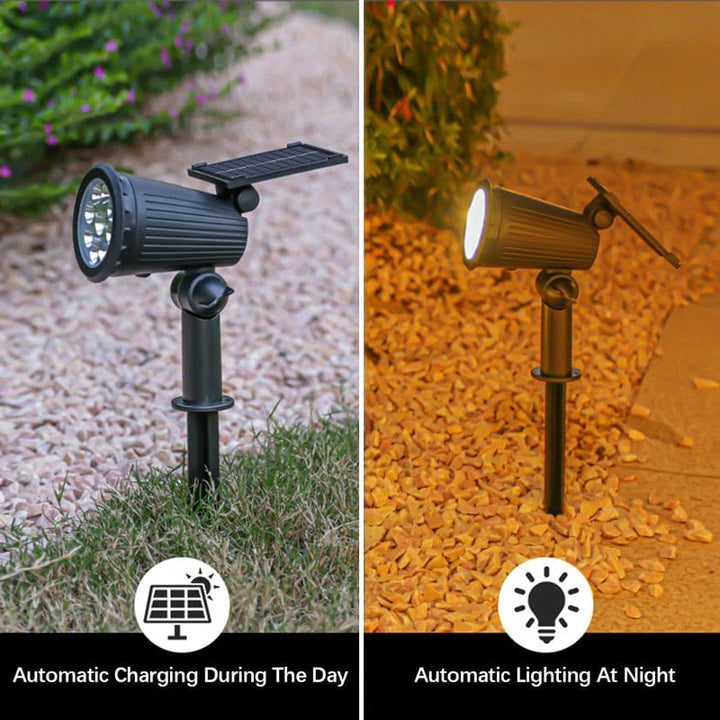 "Solar-powered LED garden spotlight with 9 color options, illuminating a pathway; eco-friendly outdoor lighting solution."