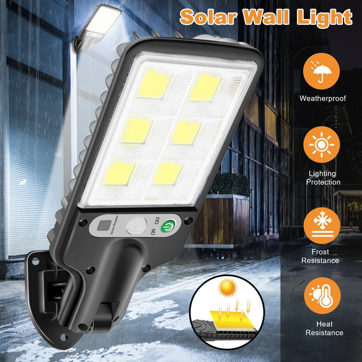 Solar-powered LED street lamp with ultra-bright 6000K LEDs, adjustable modes, motion sensor, and weatherproof IP65 design.