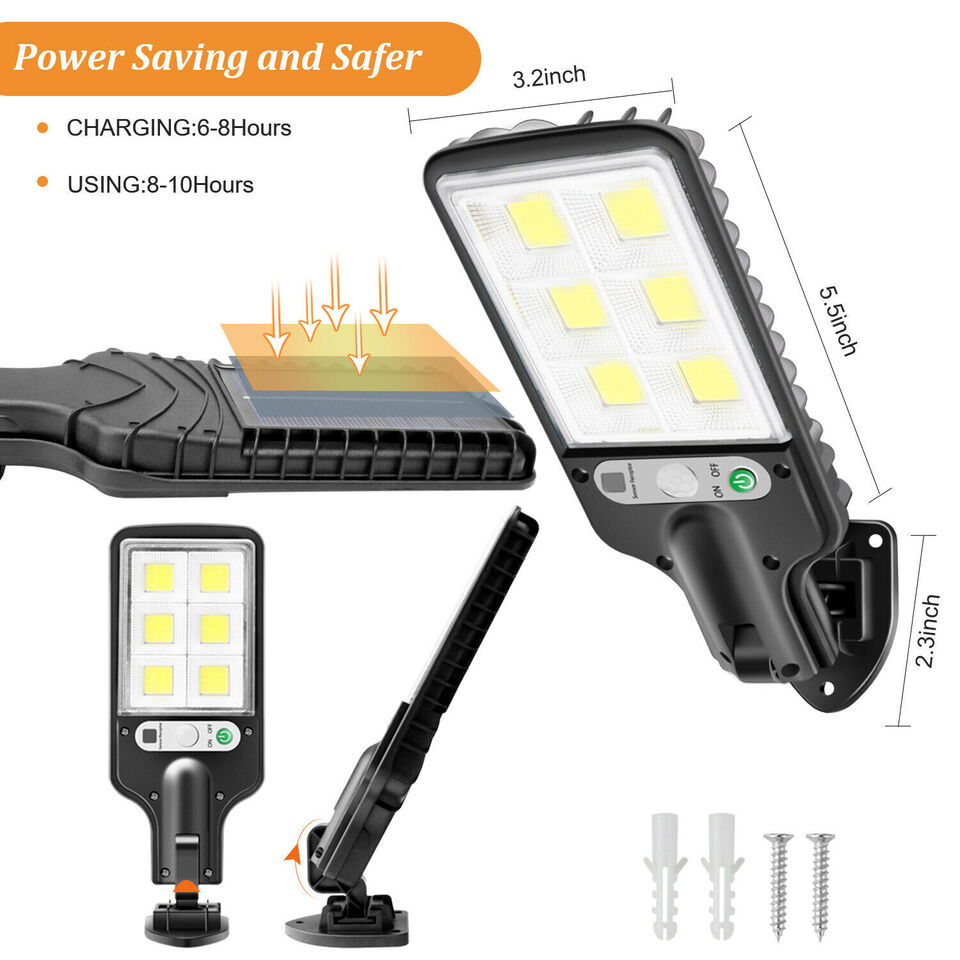 Solar-powered LED street lamp with ultra-bright 6000K LEDs, adjustable modes, motion sensor, and weatherproof IP65 design.