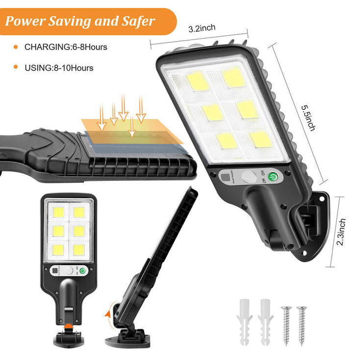 Solar-powered LED street lamp with ultra-bright 6000K LEDs, adjustable modes, motion sensor, and weatherproof IP65 design.