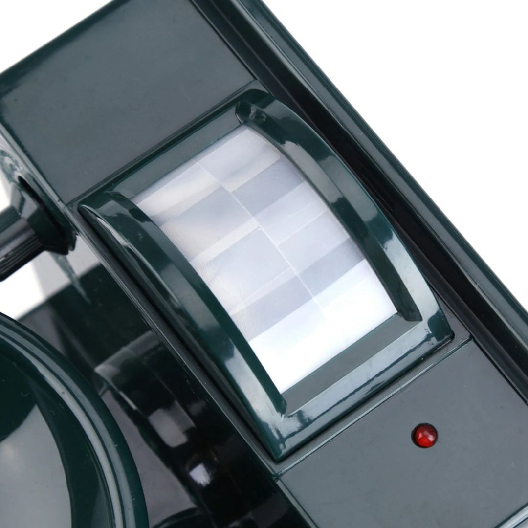 "Solar-powered motion sensor bird repeller, green and gray, for eco-friendly outdoor pest control in gardens and patios."