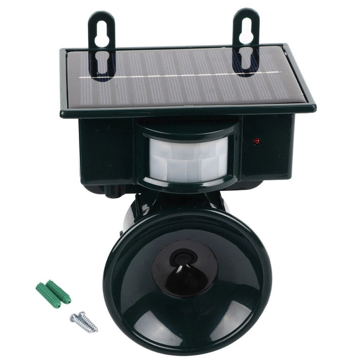 "Solar-powered motion sensor bird repeller, green and gray, for eco-friendly outdoor pest control in gardens and patios."