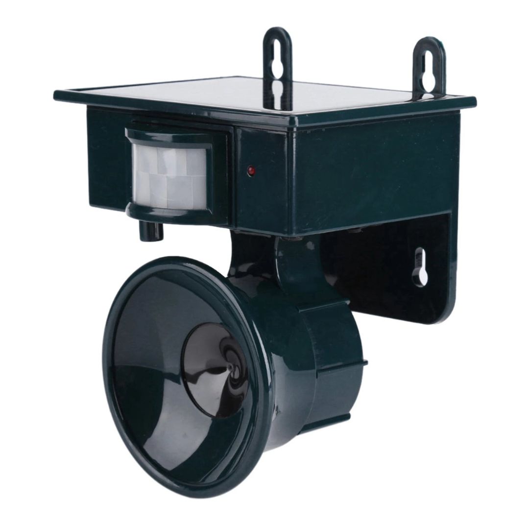 "Solar-powered motion sensor bird repeller, green and gray, for eco-friendly outdoor pest control in gardens and patios."