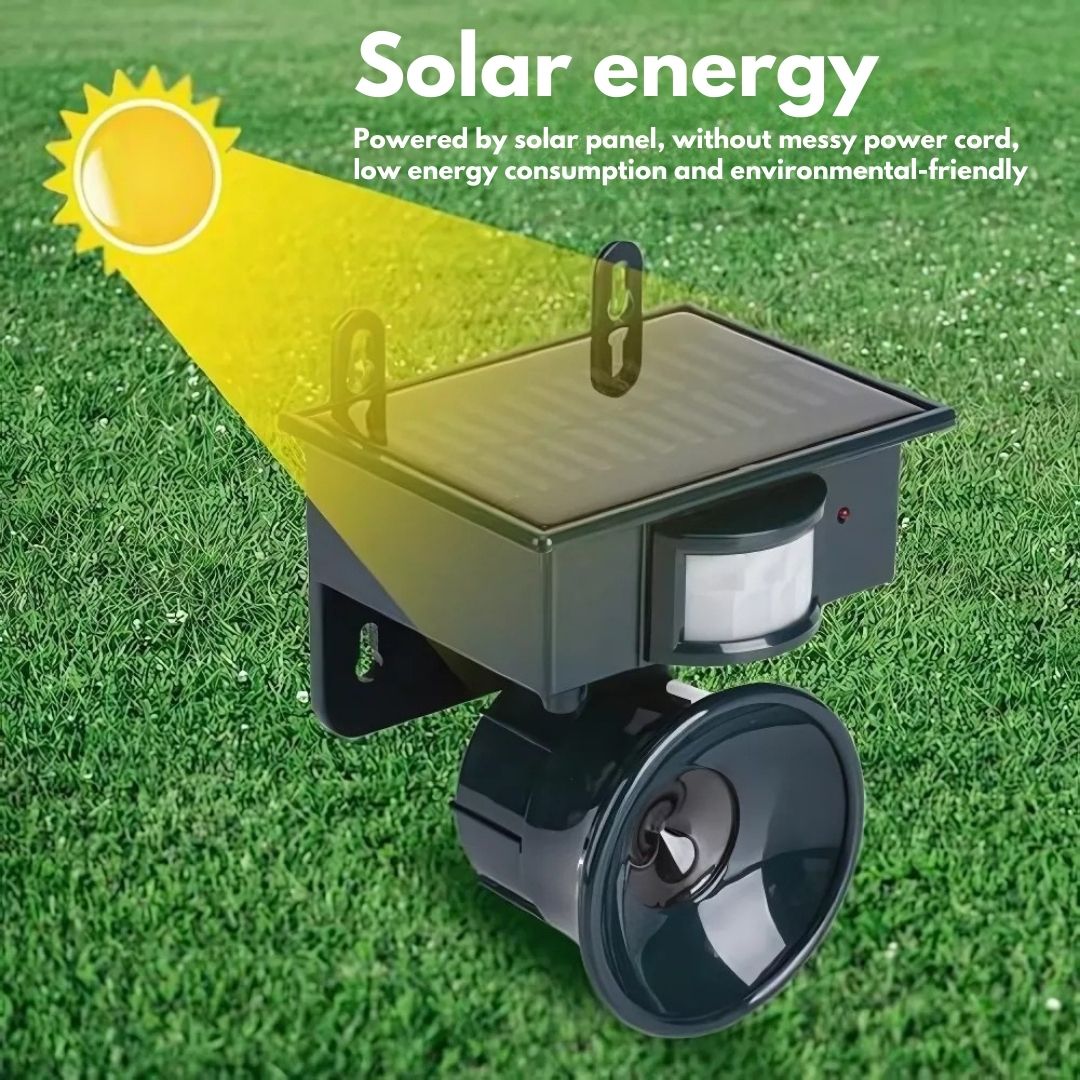 "Solar-powered motion sensor bird repeller, green and gray, for eco-friendly outdoor pest control in gardens and patios."