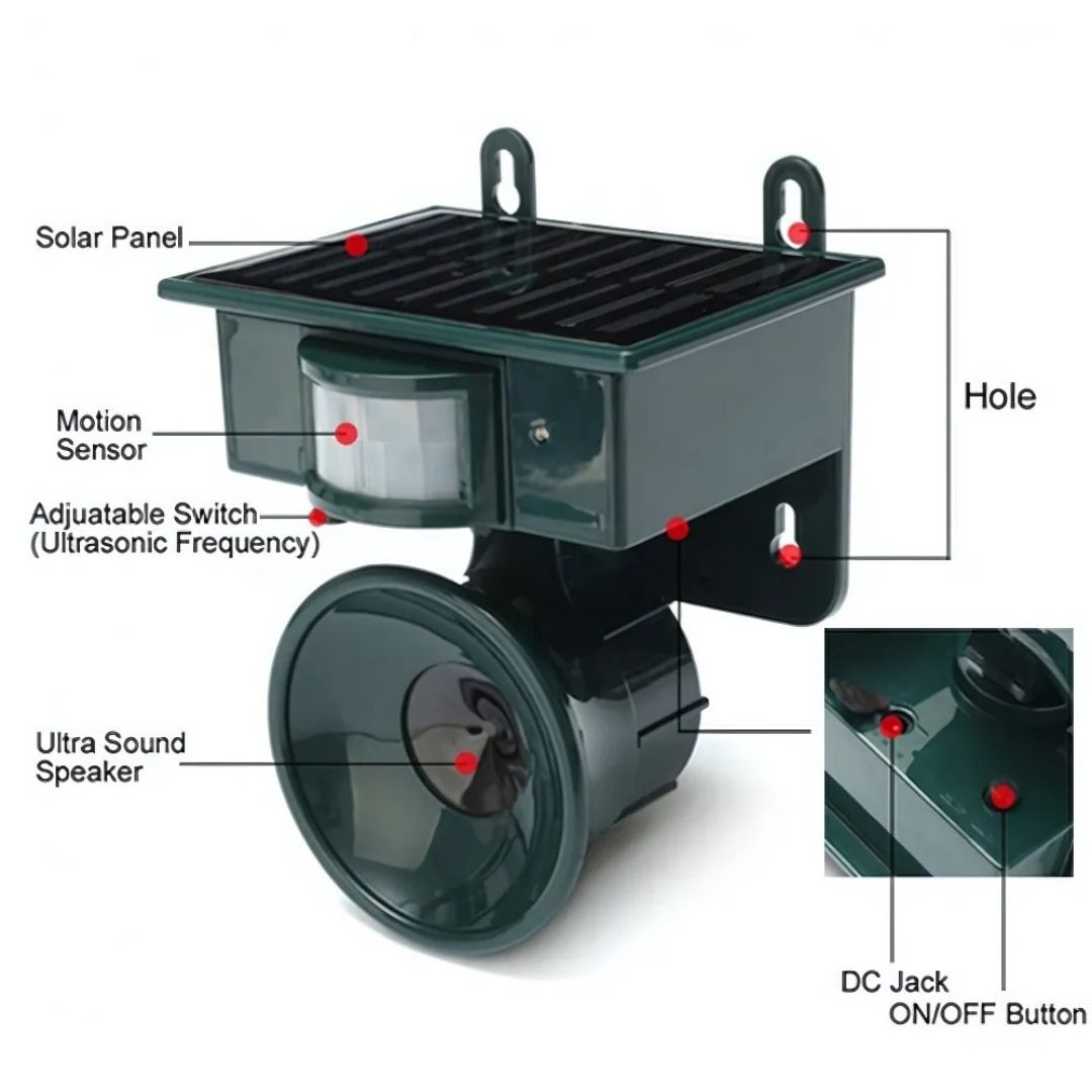 "Solar-powered motion sensor bird repeller, green and gray, for eco-friendly outdoor pest control in gardens and patios."