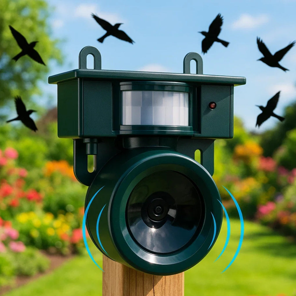 Solar powered motion sensor ultrasonic bird repeller for garden pest control.
