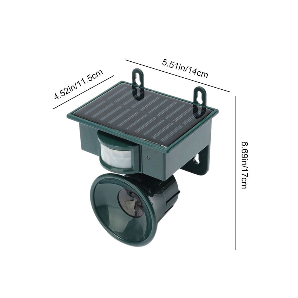 Outdoor ultrasonic bird repeller with motion sensor, solar-powered for pest control.
