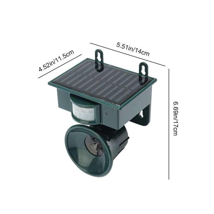 Outdoor ultrasonic bird repeller with motion sensor, solar-powered for pest control.