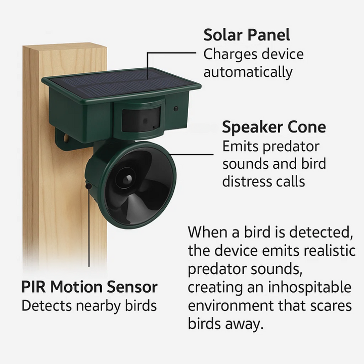 Premium outdoor bird scarer with motion sensor for patio & garden wildlife control.
