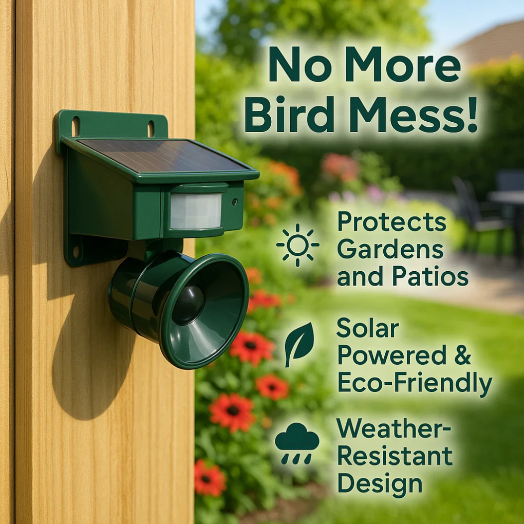 Solar powered bird repeller for humane outdoor pest control in gardens.
