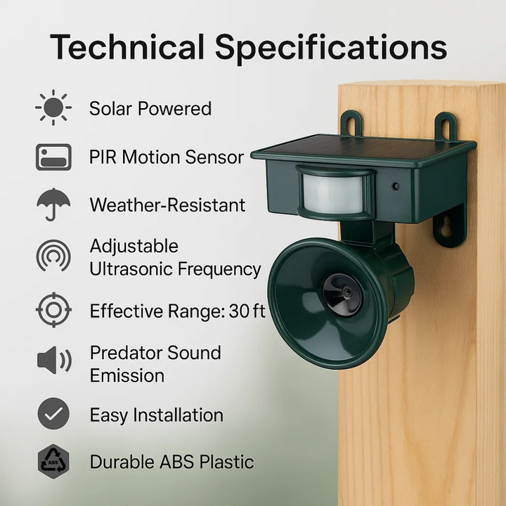 Ultrasonic motion sensor bird repeller, effective wildlife control for outdoor spaces.