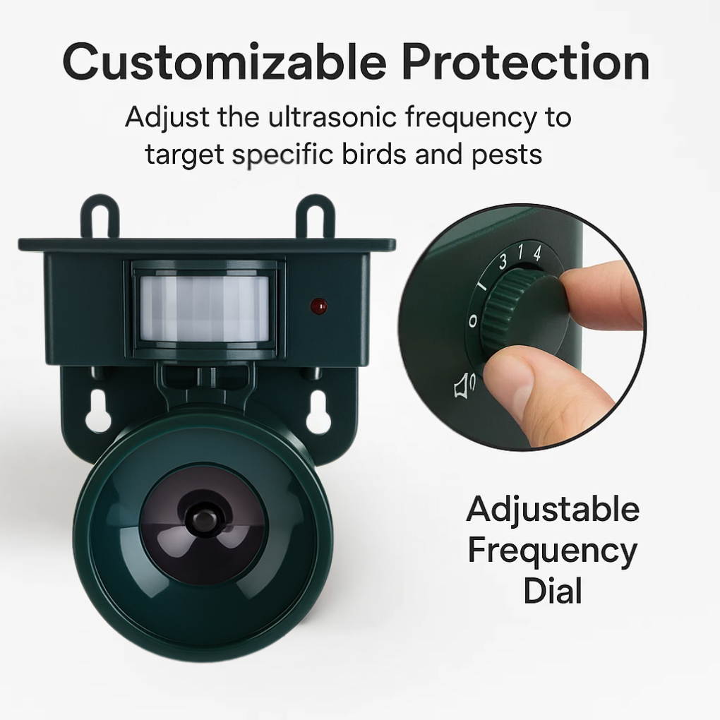 Garden bird repeller with motion sensor, ideal for patio & outdoor pest management.