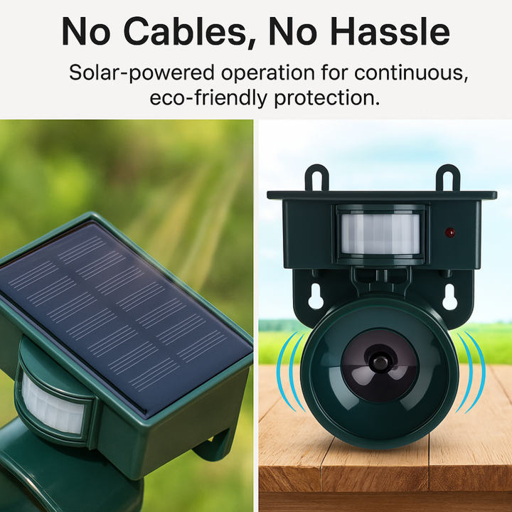 Motion activated bird repeller, ultrasonic & solar powered for garden and patio protection.