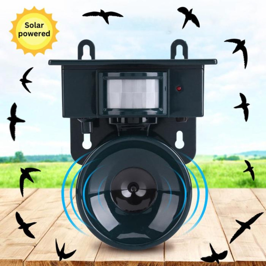 Wildlife control device, solar powered motion sensor ultrasonic repeller for outdoor areas.