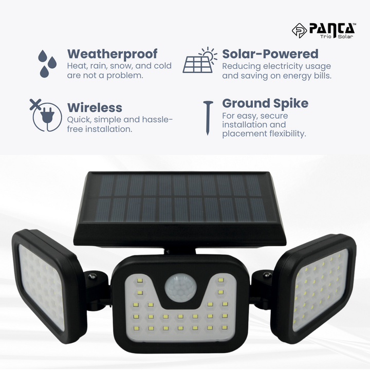 "Solar-powered outdoor light with motion sensor, multiple adjustable panels, eco-friendly for gardens and driveways."