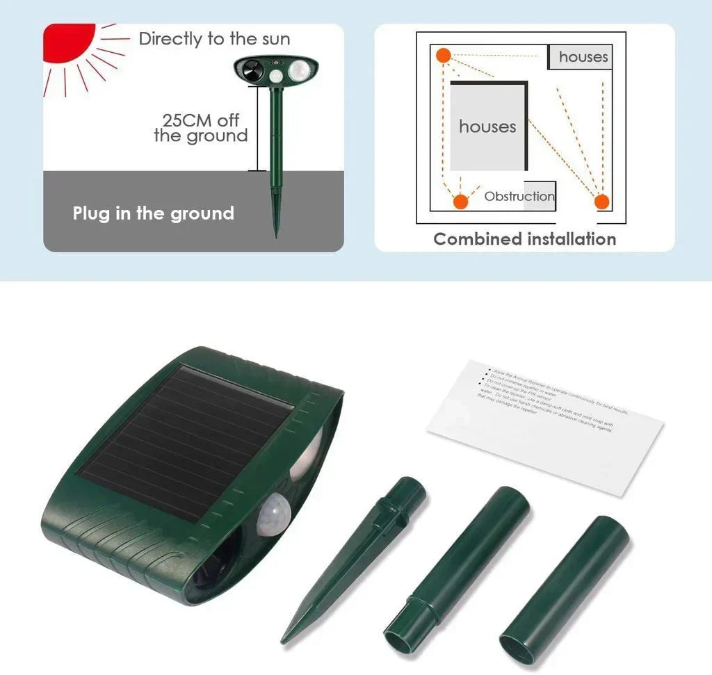 Solar-powered ultrasonic deer repeller with green casing, motion sensor, solar panel, ideal for outdoor garden protection.
