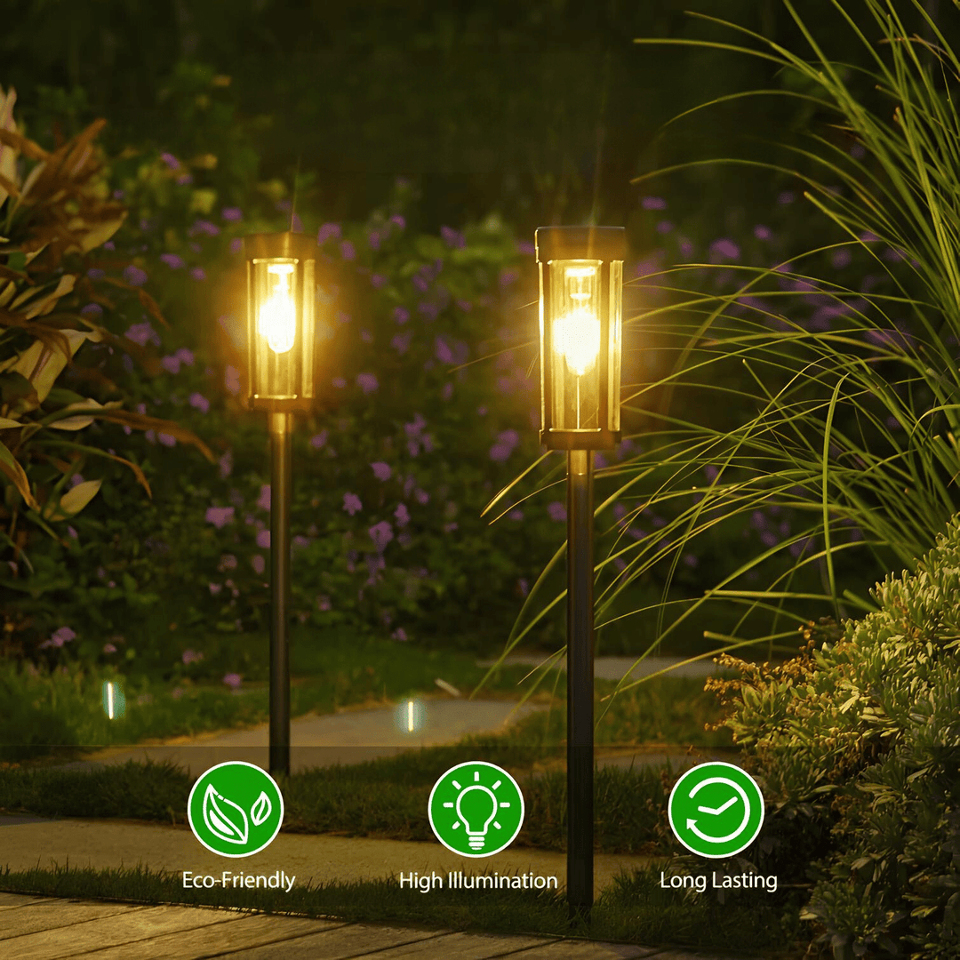 Solar-powered waterproof garden torch with flickering glow, decorative design, illuminating gardens, patios, and pathways.
