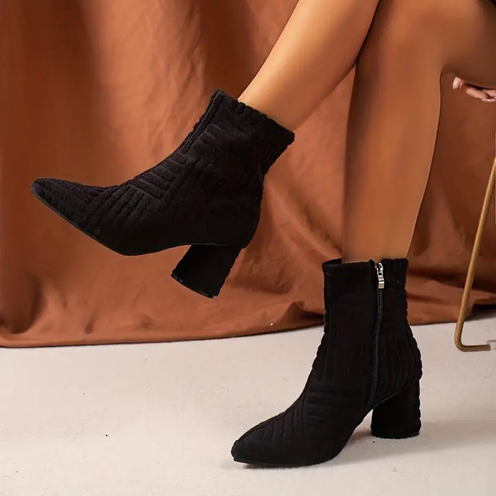 Solid Selene women's ankle boots with block heel & pointed toe. Stylish zipper boots for casual wear.