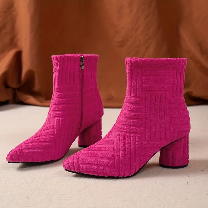 Comfortable Selene women's solid platform ankle boots, pointed toe, & block heel. Stylish zipper casual footwear.