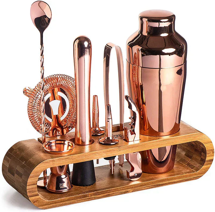 Sophisticated 10-piece stainless steel cocktail set with shaker, jigger, spoon, muddler, pourers, tongs, and storage stand.