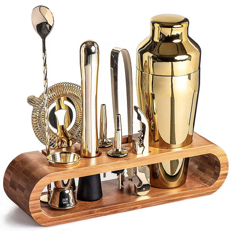 Sophisticated 10-piece stainless steel cocktail set with shaker, jigger, spoon, muddler, pourers, tongs, and storage stand.