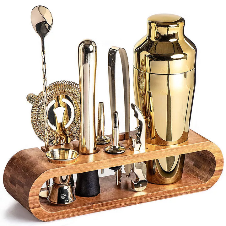 Sophisticated 10-piece stainless steel cocktail set with shaker, jigger, spoon, muddler, pourers, tongs, and storage stand.