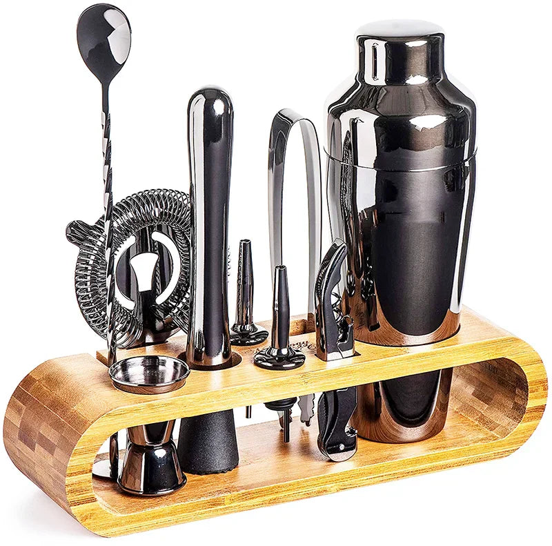 Sophisticated 10-piece stainless steel cocktail set with shaker, jigger, spoon, muddler, pourers, tongs, and storage stand.