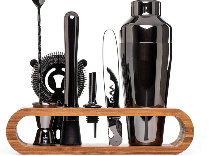 Sophisticated 10-piece stainless steel cocktail set with shaker, jigger, spoon, muddler, pourers, tongs, and storage stand.