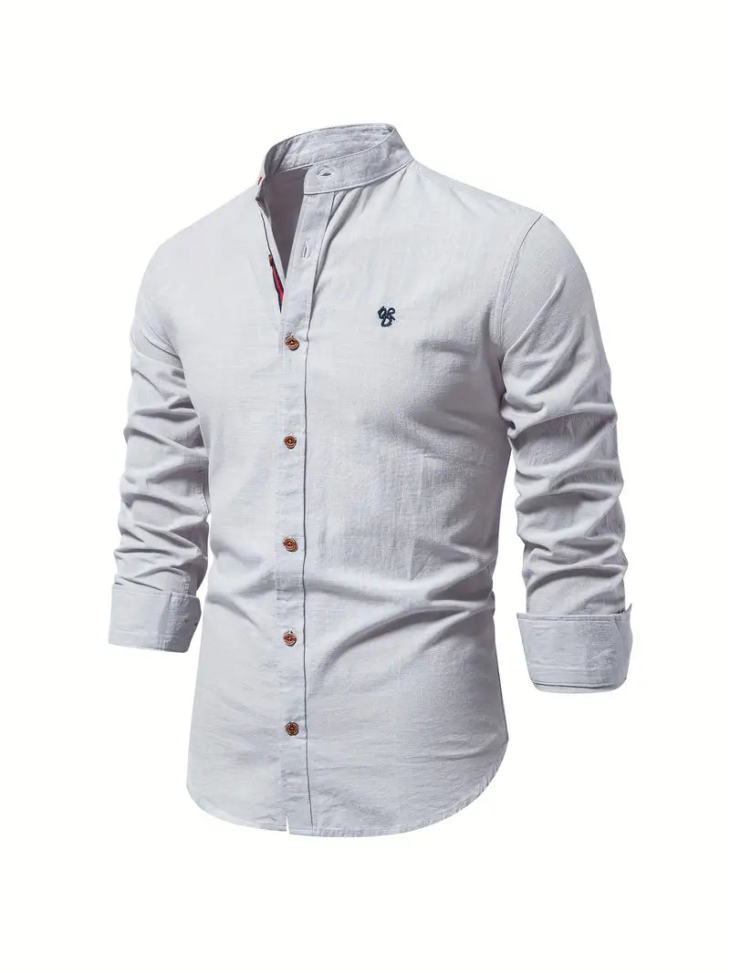 Sophisticated men's long-sleeve button-up shirt for stylish spring fashion. Versatile for casual or smart casual.