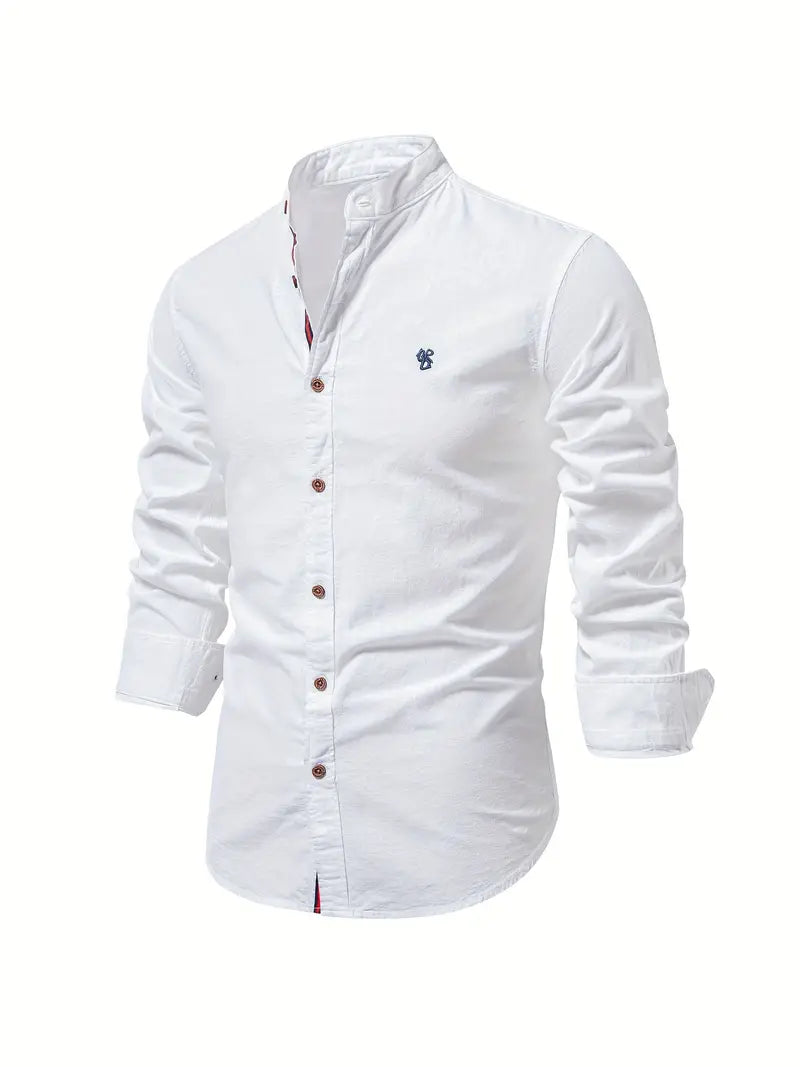 Men's long-sleeve button-up shirt on a model, showcasing its sophisticated look & versatile fit for spring.