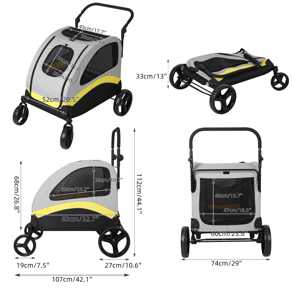 Spacious collapsible 4-wheeler dog stroller for large breeds, featuring breathable mesh and durable all-terrain wheels.