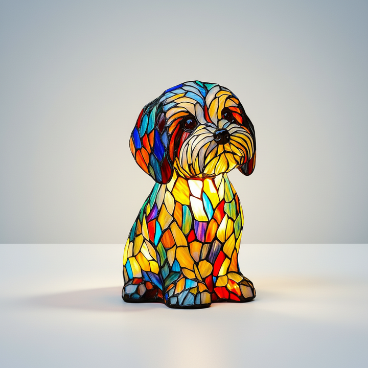 Stained glass dog table lamp with LED night light, perfect resin decor for dog lovers & home accents.