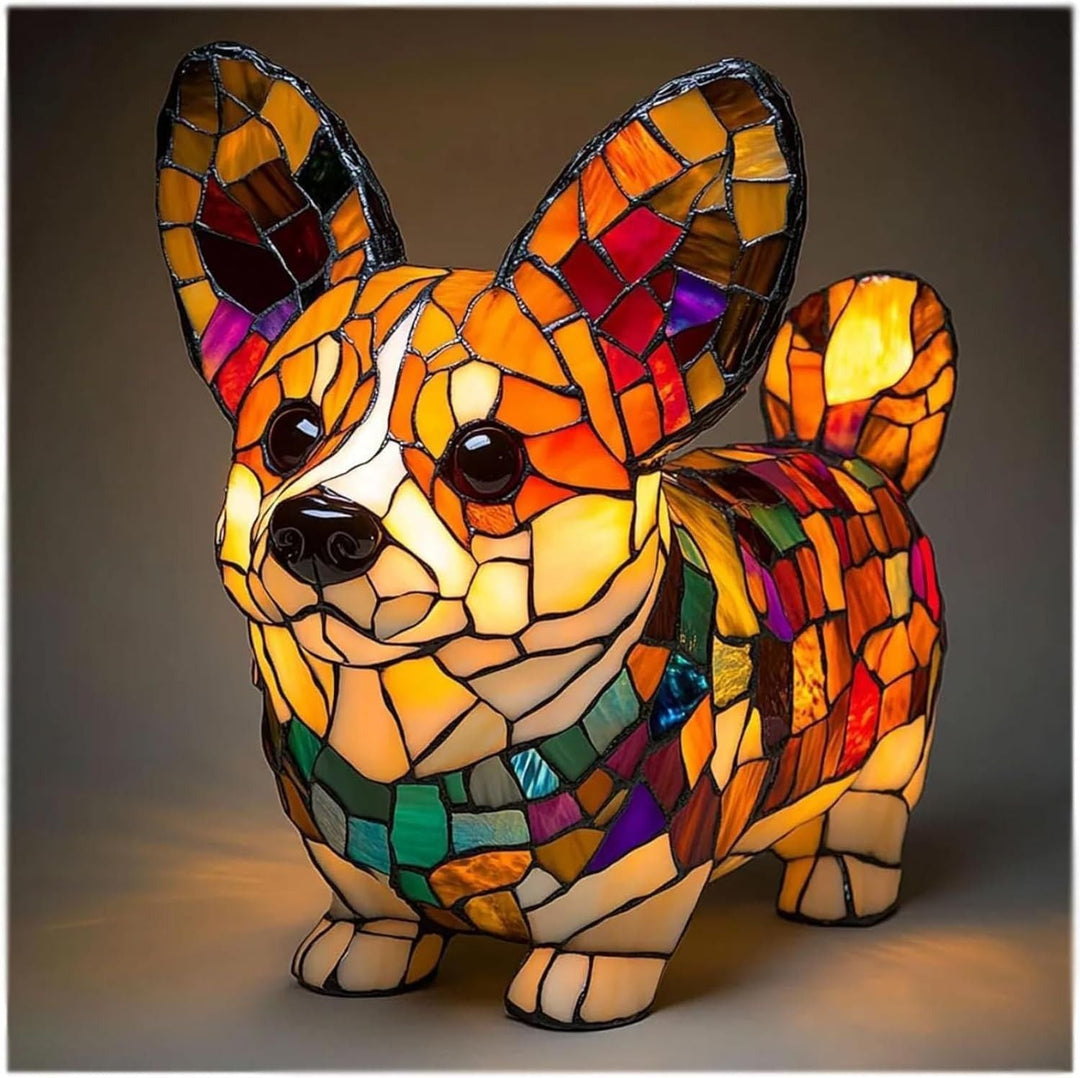 Brightly lit stained glass dog table lamp, a charming LED night light perfect for dog lover home decor.