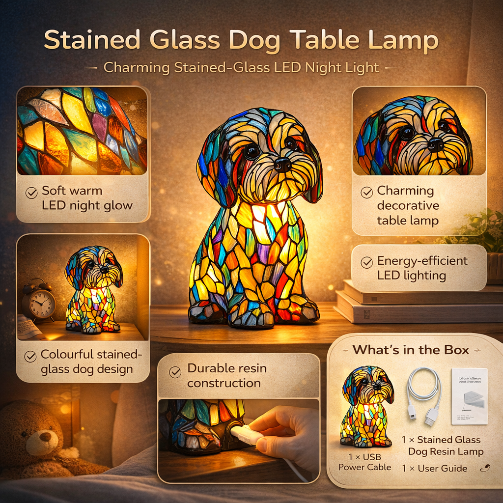 Whimsical stained glass dog LED table lamp, a decorative resin night light and animal decor gift.
