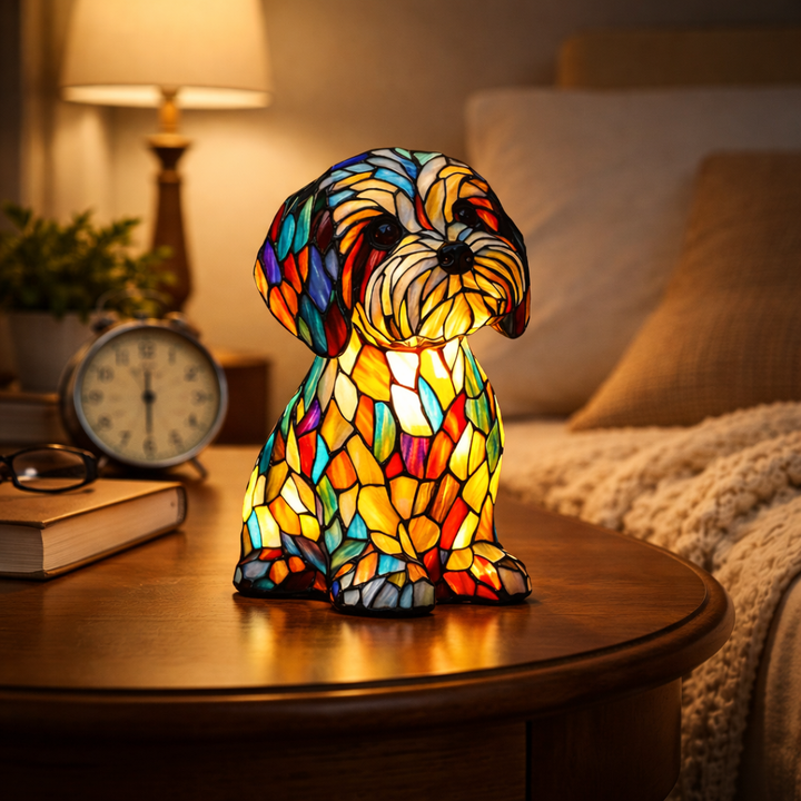 Close-up of vibrant stained glass dog lamp, an LED night light bringing whimsical charm to any room.