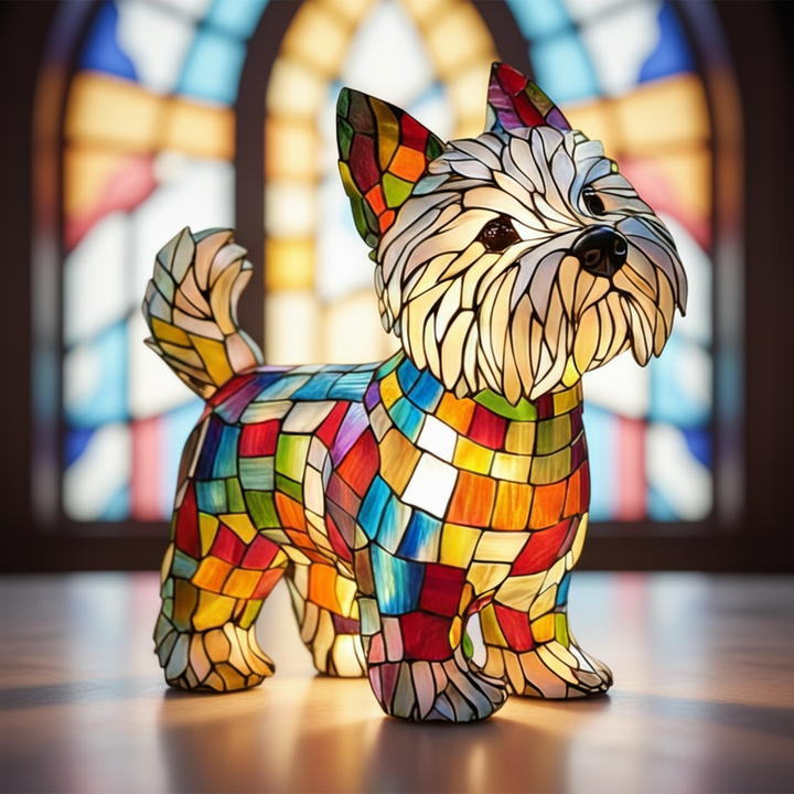 Full view of a charming stained glass dog table lamp, an LED night light for dog lovers & home decor.