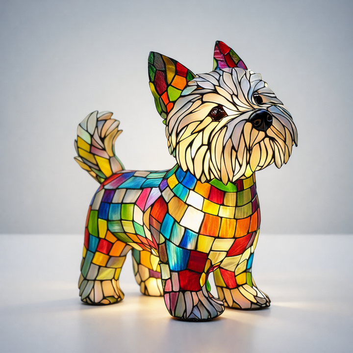 Decorative stained glass dog LED lamp, ideal as a unique night light or whimsical animal home accent.
