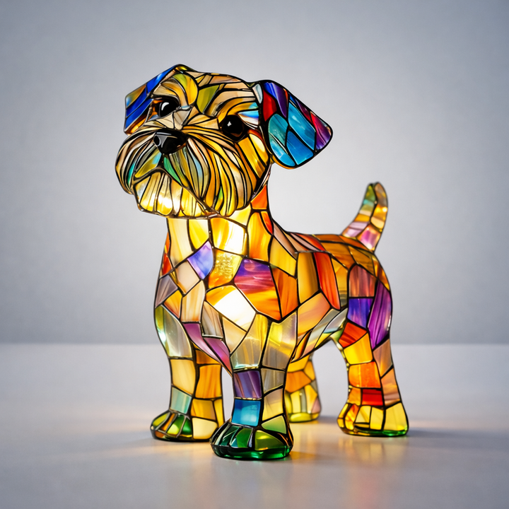 Artistic stained glass dog lamp glowing with LED light, a charming resin night light & home accent.