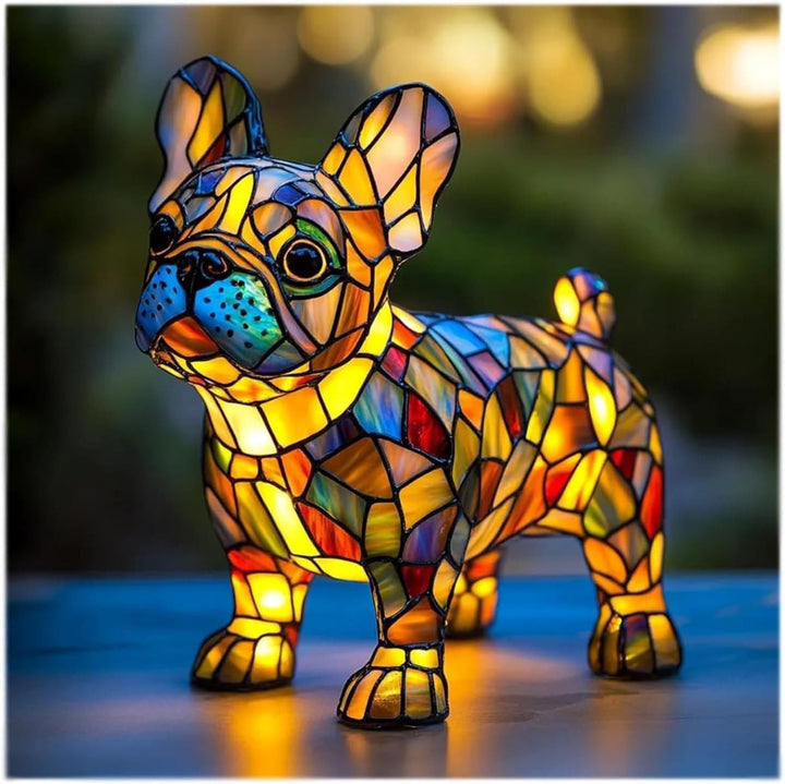 Unique stained glass dog LED night light, a whimsical table lamp and decorative resin animal decor.
